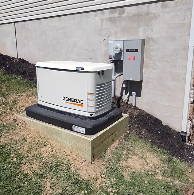 Generac standby generator mounted on a wooden platform beside an exterior electrical panel on a concrete wall outside a building