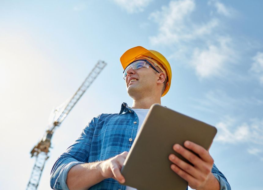 Construction worker wearing a yellow hard hat and safety glasses, holding a tablet at an outdoor construction site with a crane in the background.